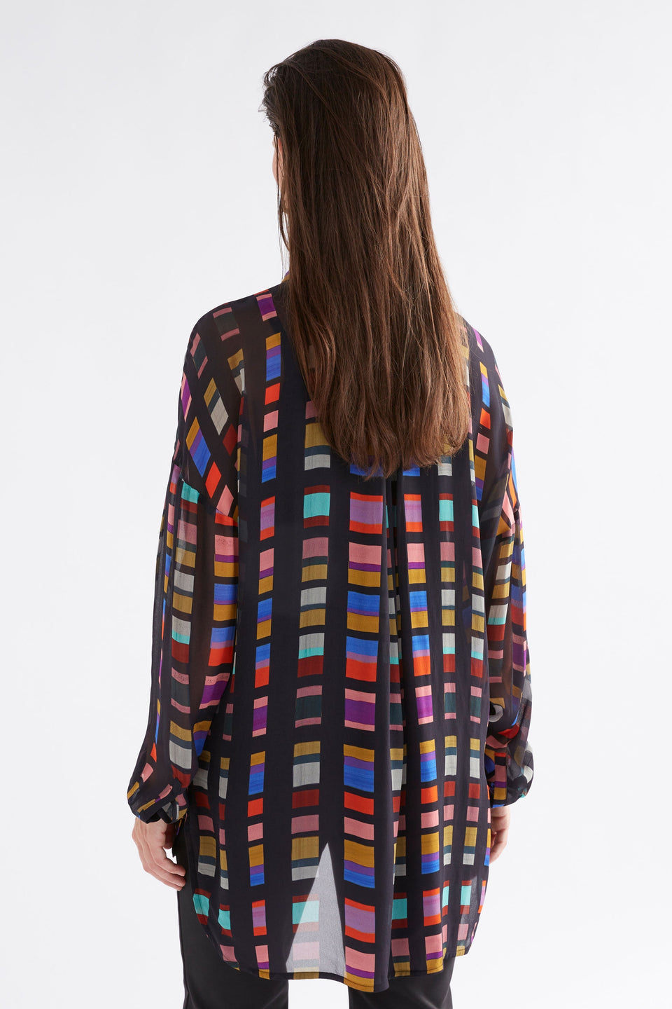 Eir Relaxed Print Sheer Long Sleeve Shirt Model Back | TESSELA PRINT
