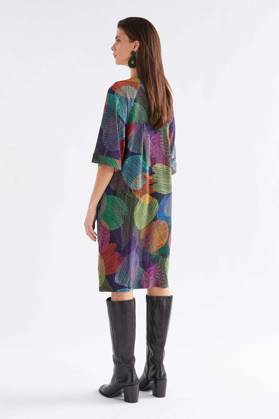 Foljer V-Neck Silky Print Below the Elbow Sleeve Dress Model Front Back | OMBRA PRINT