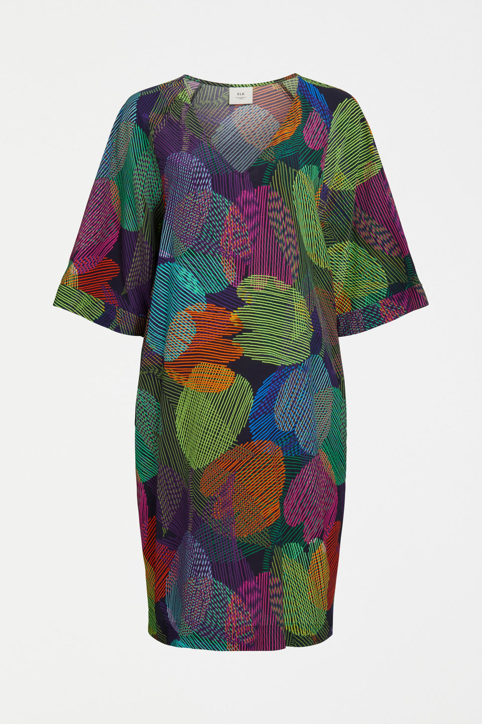 Foljer V-Neck Silky Print Below the Elbow Sleeve Dress Front | OMBRA PRINT