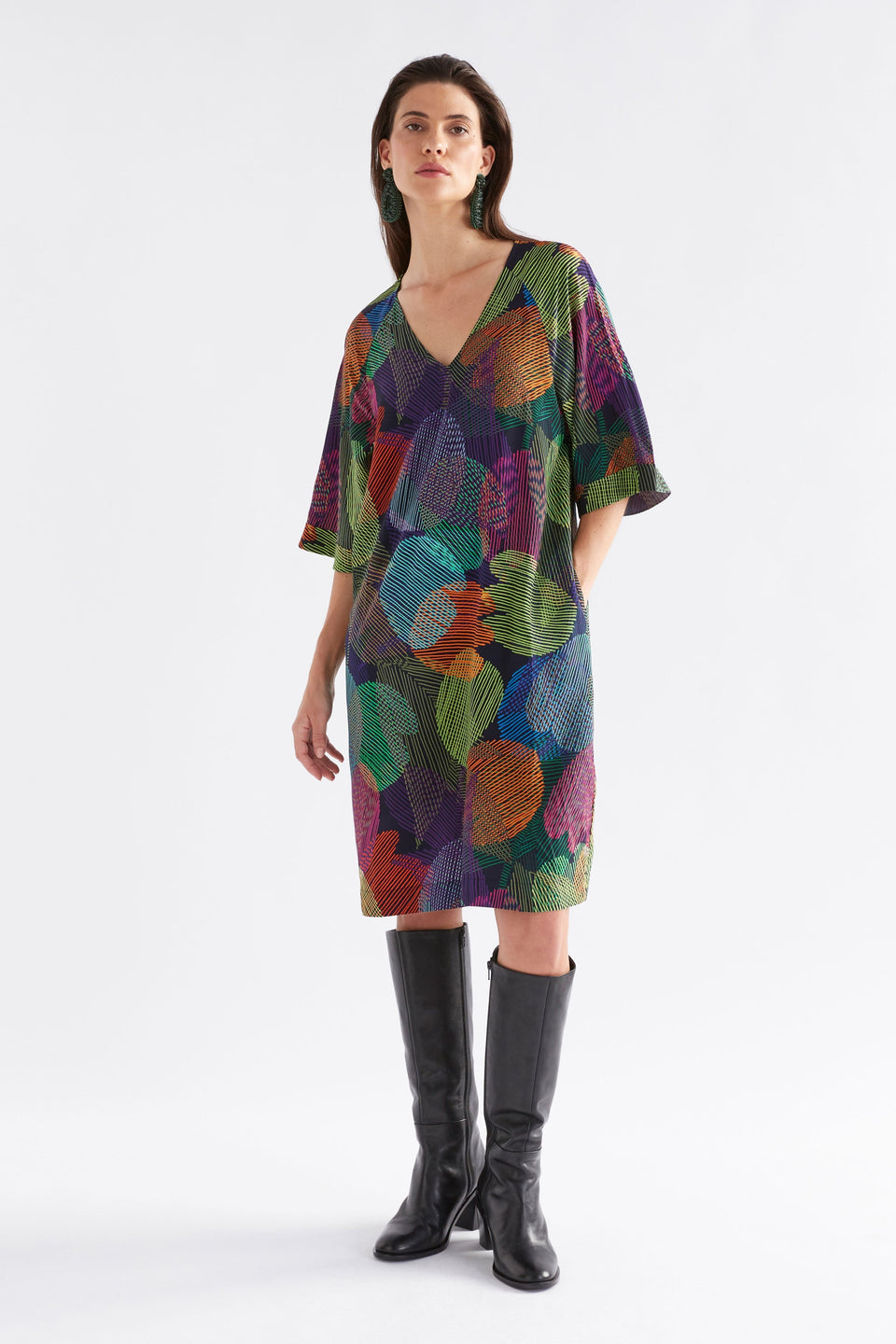 Foljer V-Neck Silky Print Below the Elbow Sleeve Dress Model Front Full Body | OMBRA PRINT