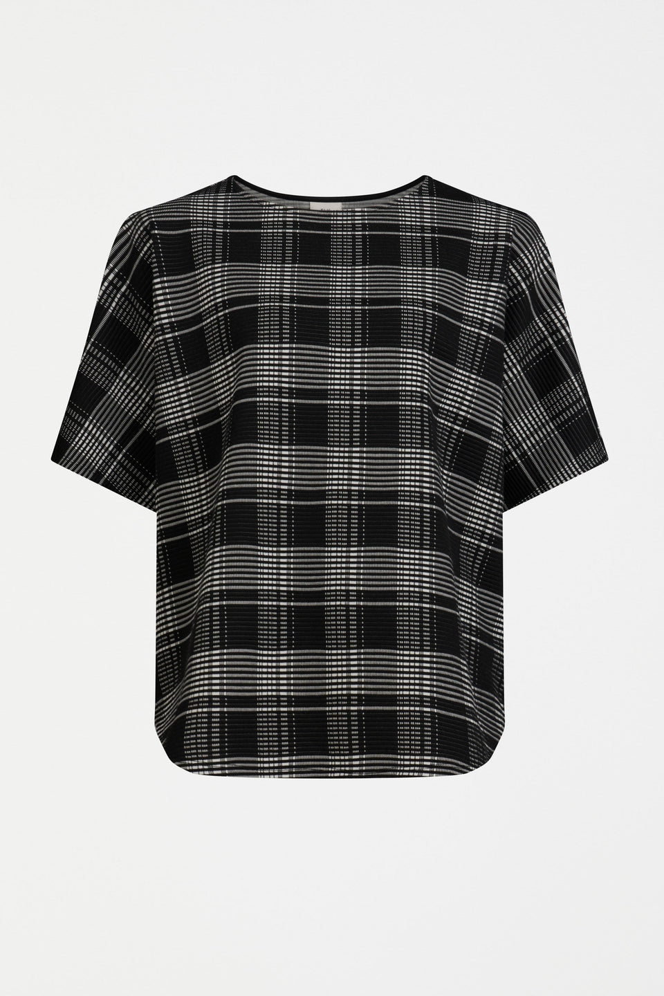 Mairea Jacquard Textured Check Stretch Tshirt Front | BLACK WHITE CHECK