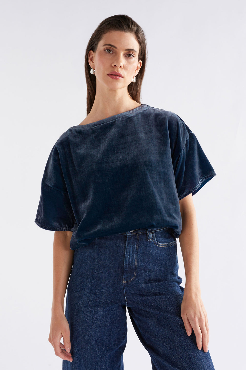 Suuri Boxy Sleeve Drop Shoulder Velvet Top Model Front | BLUE STEEL