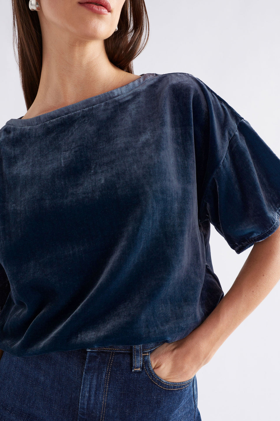 Suuri Boxy Sleeve Drop Shoulder Velvet Top Model Front detail | BLUE STEEL