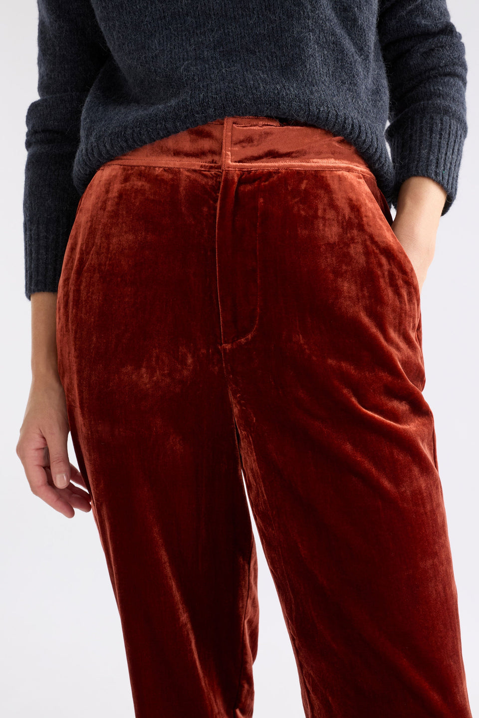 Suuri Flat-Front Waistband Tapered-Leg Velvet Pant Model Front Detail | SPICE