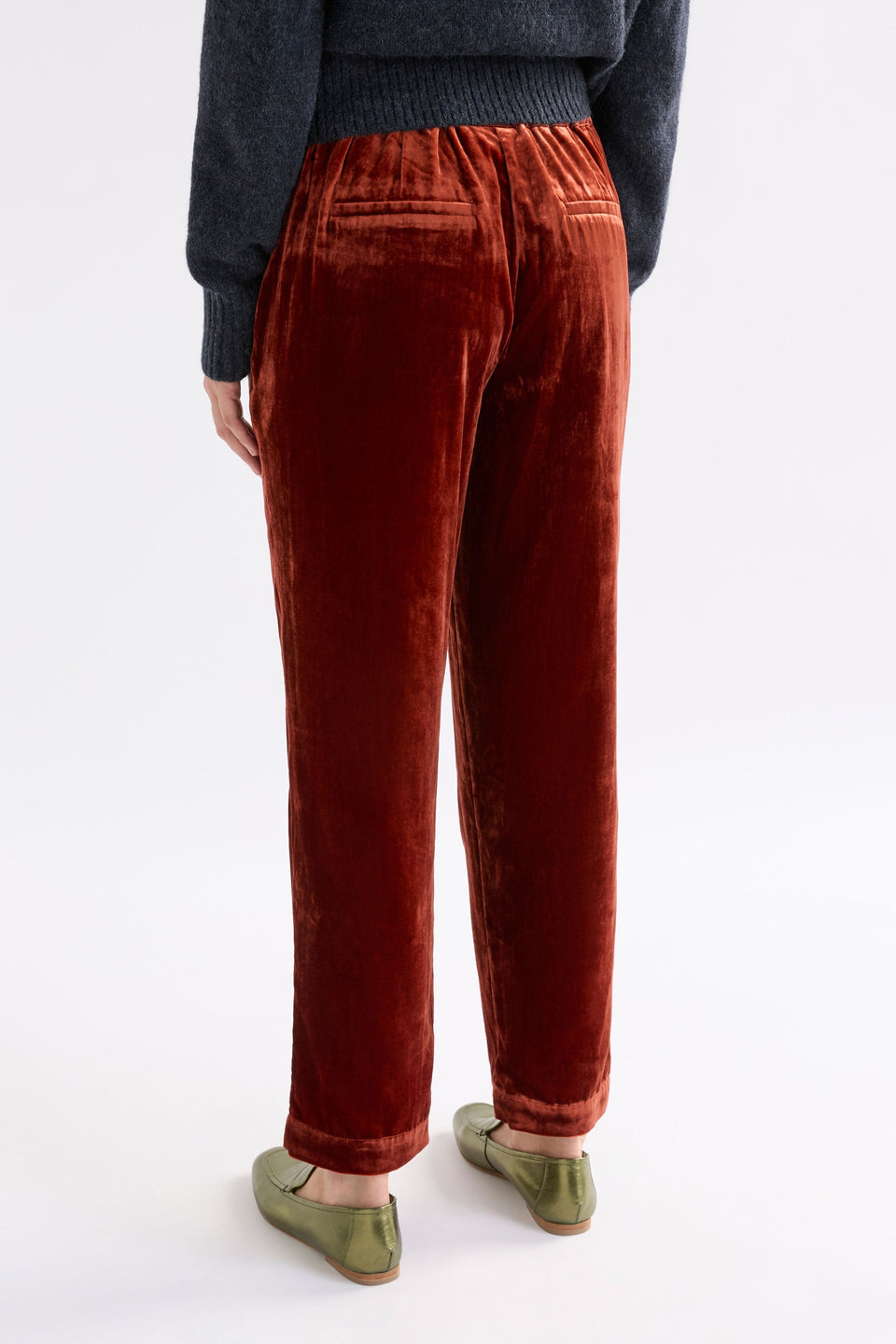 Suuri Flat-Front Waistband Tapered-Leg Velvet Pant Model Back | SPICE