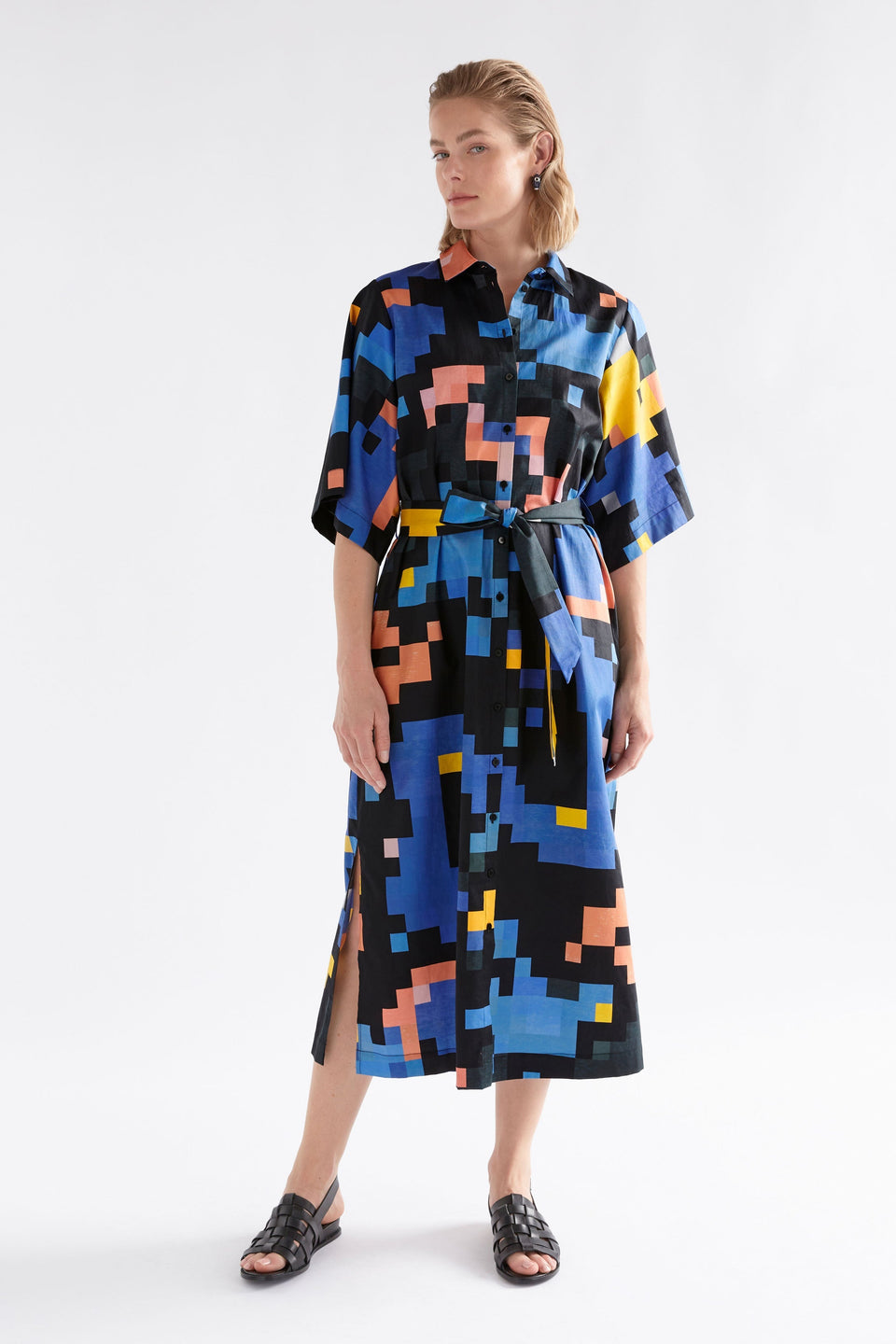 Grand Wide Short Sleeve Print Midi Shirt Dress Model Front | LUCENT PRINT