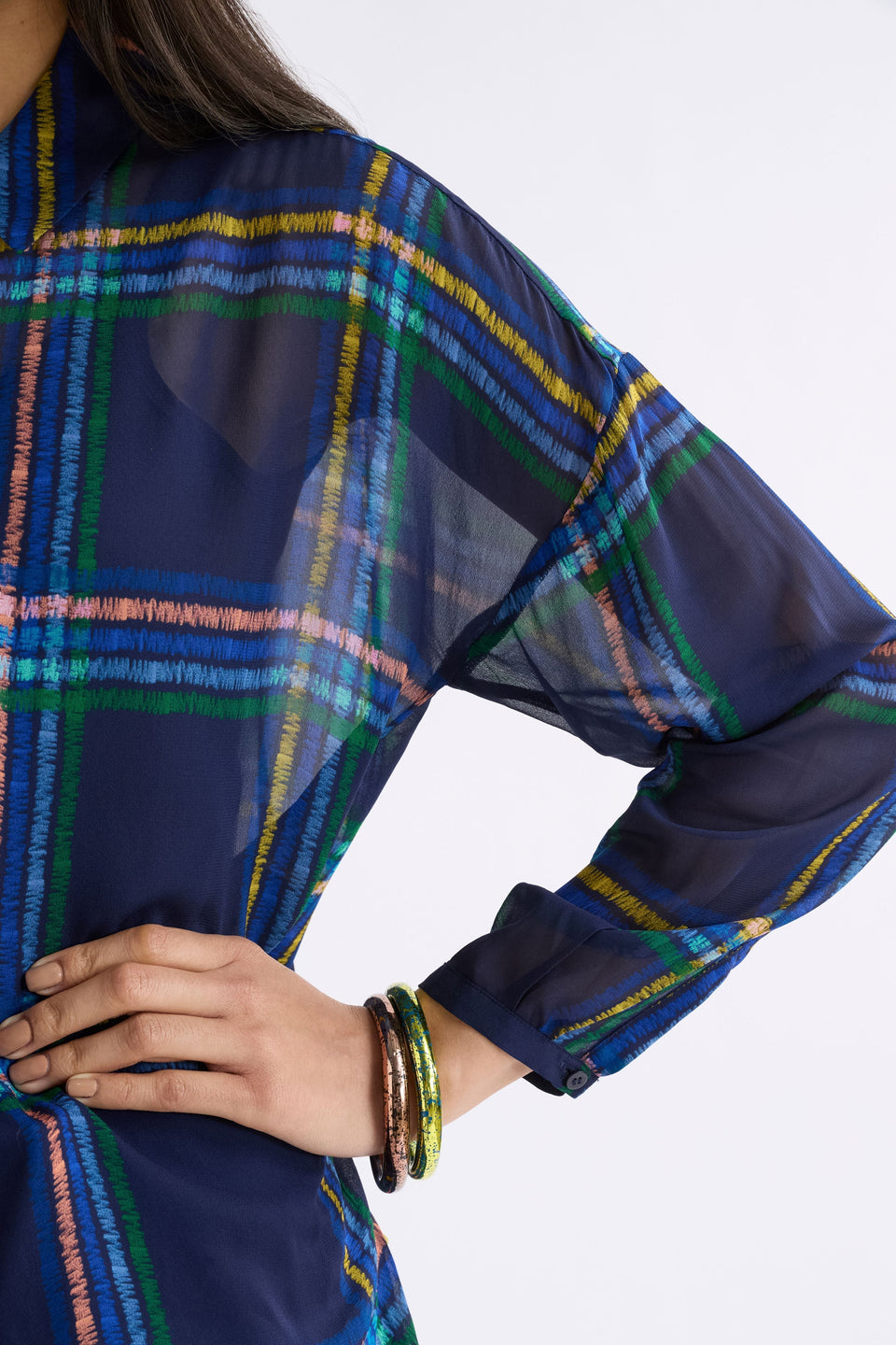 Eir Sheer Shirt on Model styled with bangles | ELBA CHECK
