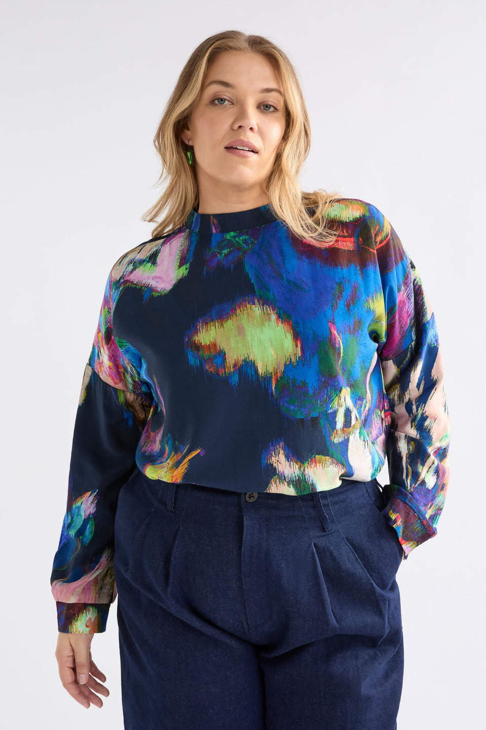 Moda Turtle Neck Top on Model with denim | VAARA PRINT