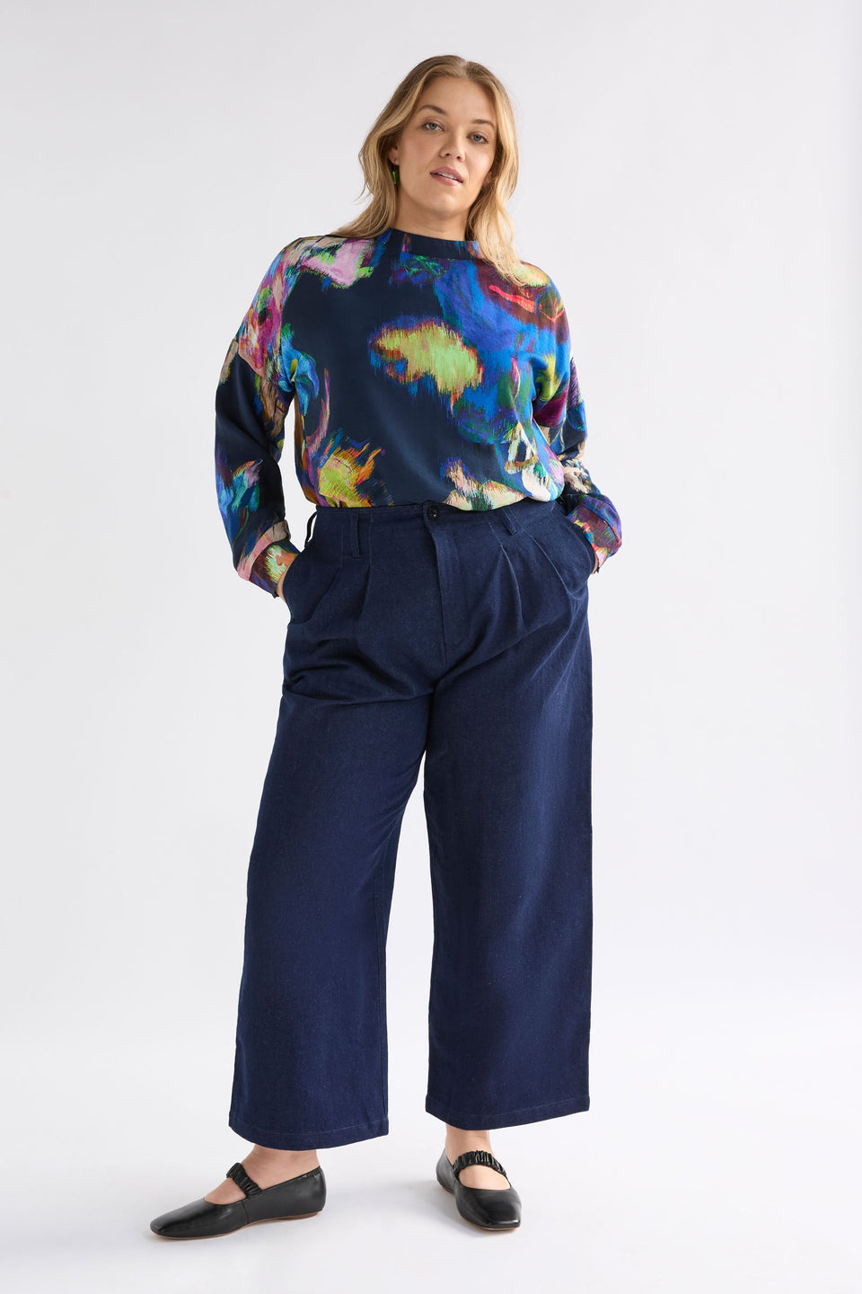 Moda Turtle Neck Top on Model full length with denim | VAARA PRINT
