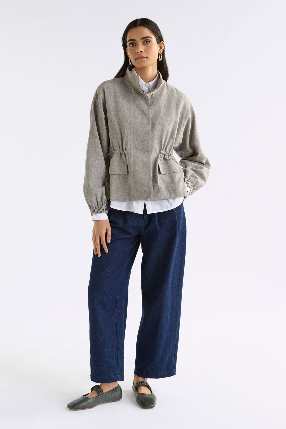 Citte Jacket on Model Full Length styled with denim | GRAPHITE