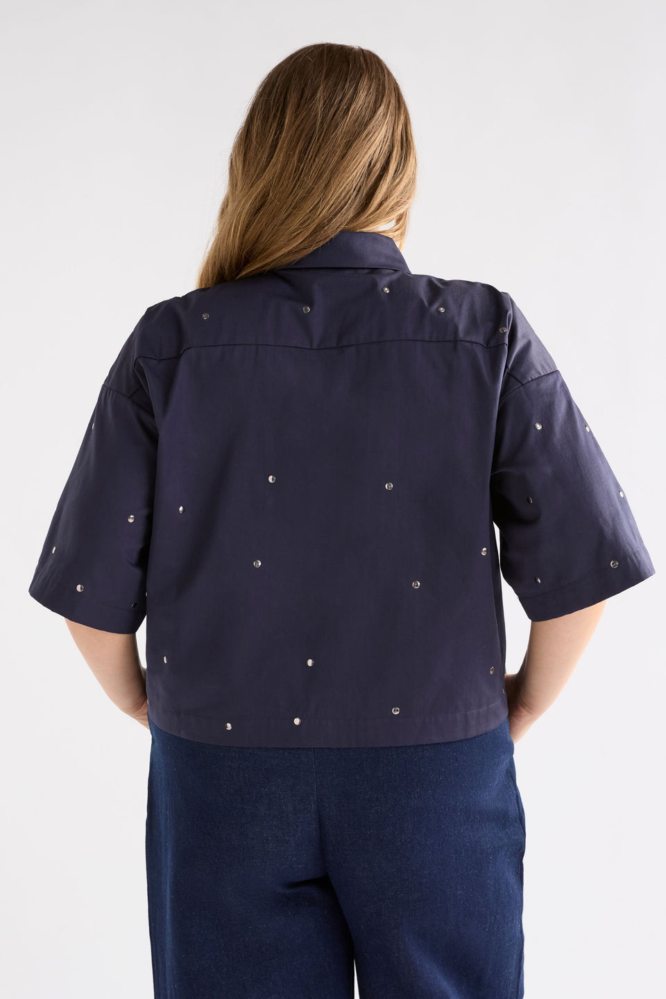 Stuud Shirt on Model Back view with denim | BRIGHT NAVY
