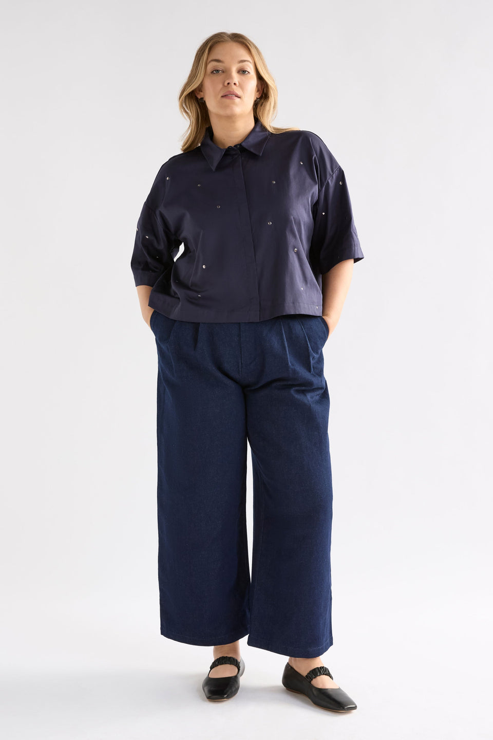 Stuud Shirt on Model full length with denim | BRIGHT NAVY