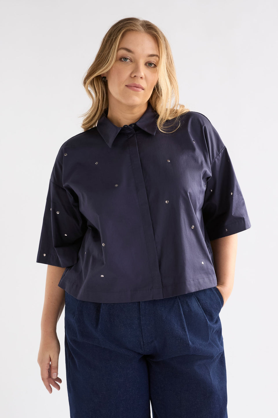 Stuud Shirt on Model styled with denim | BRIGHT NAVY