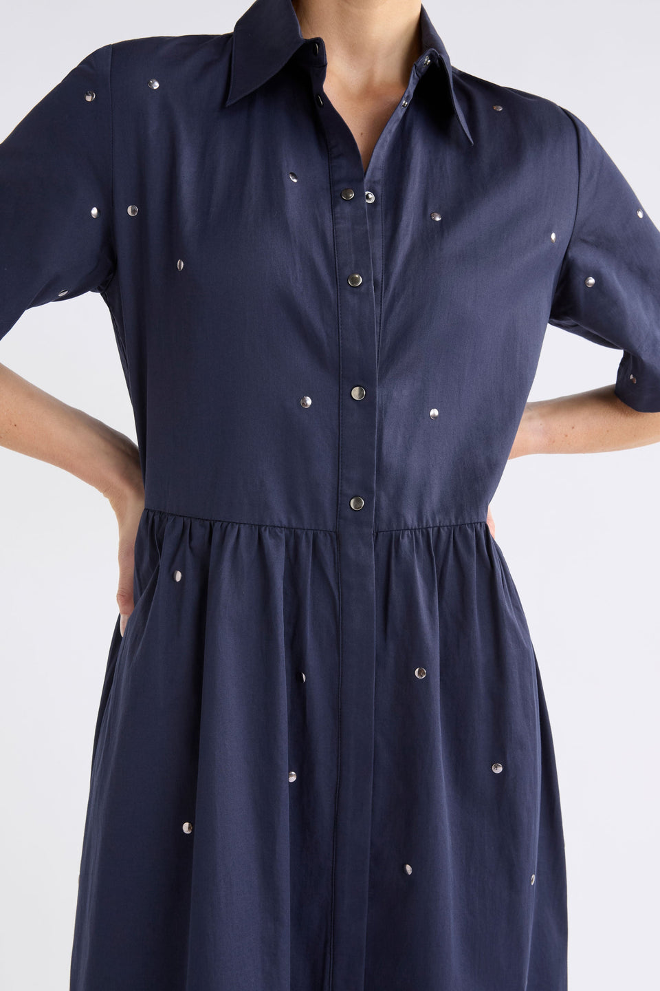 Stuud Long Shirt Dress on Model Close Up Detail | BRIGHT NAVY