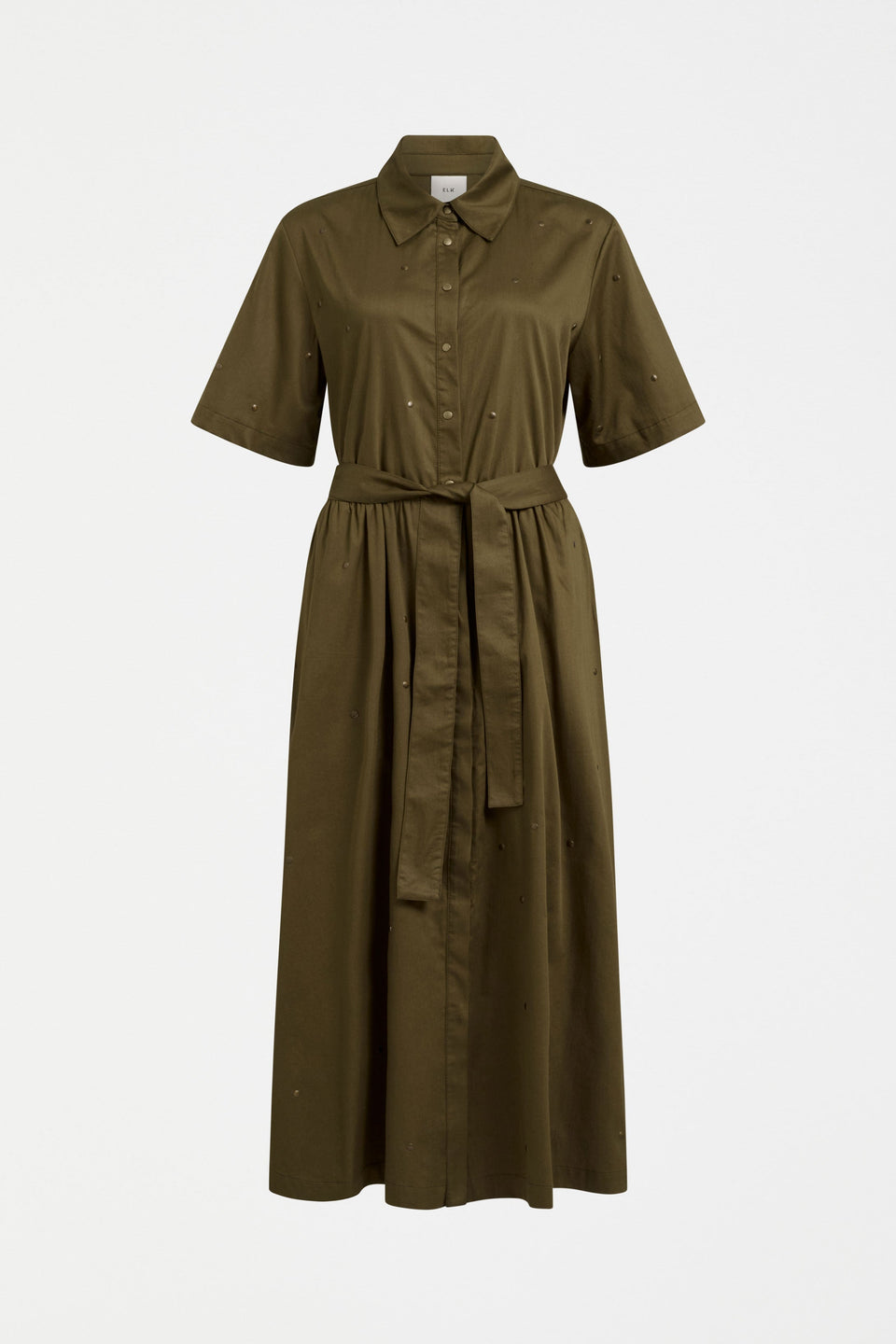 Stuud Organic Cotton Short Sleeve Long Shirt Dress with Stud detail Front on Curve Model | OLIVE