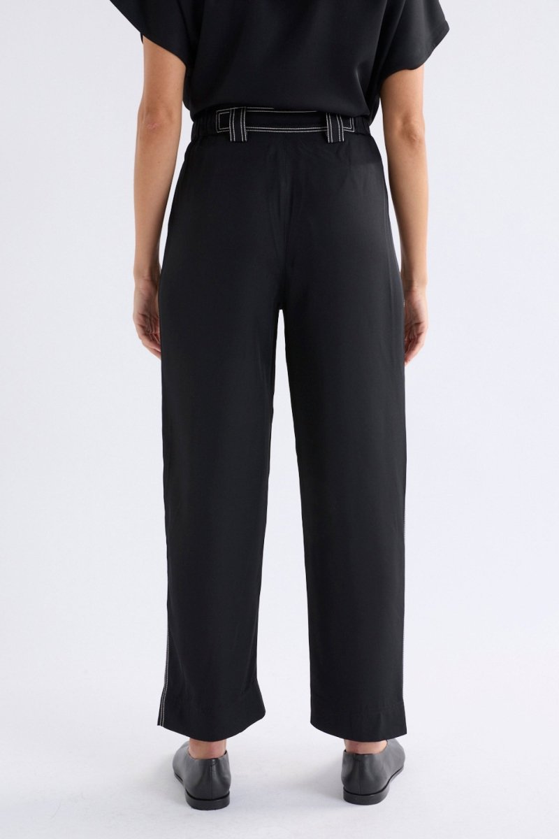 Hullu Mid Rise Contrast Top-Stitch Straight Leg Pant Model back | BLACK