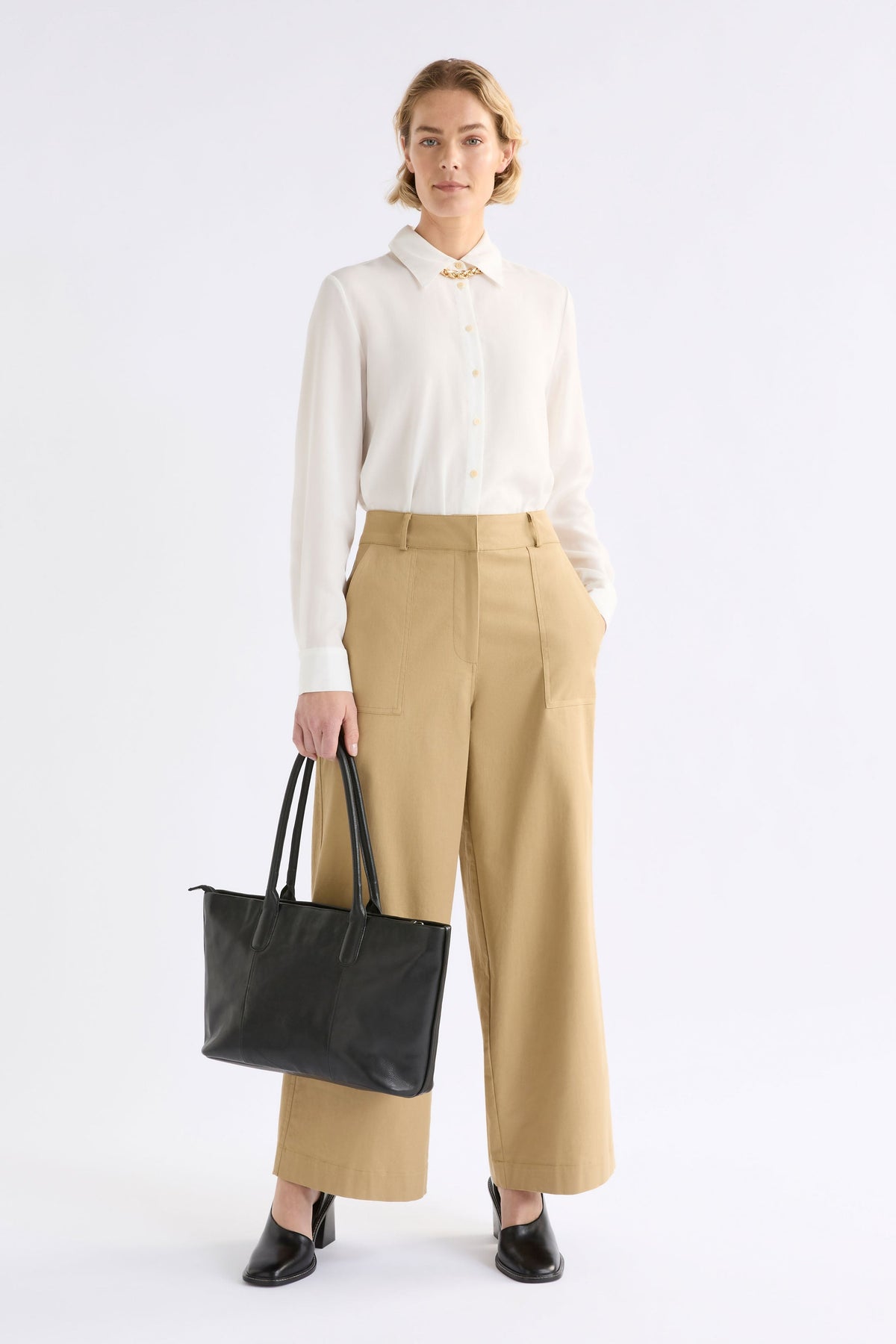 Kudel Pant on Model styled with bag | ALMOND