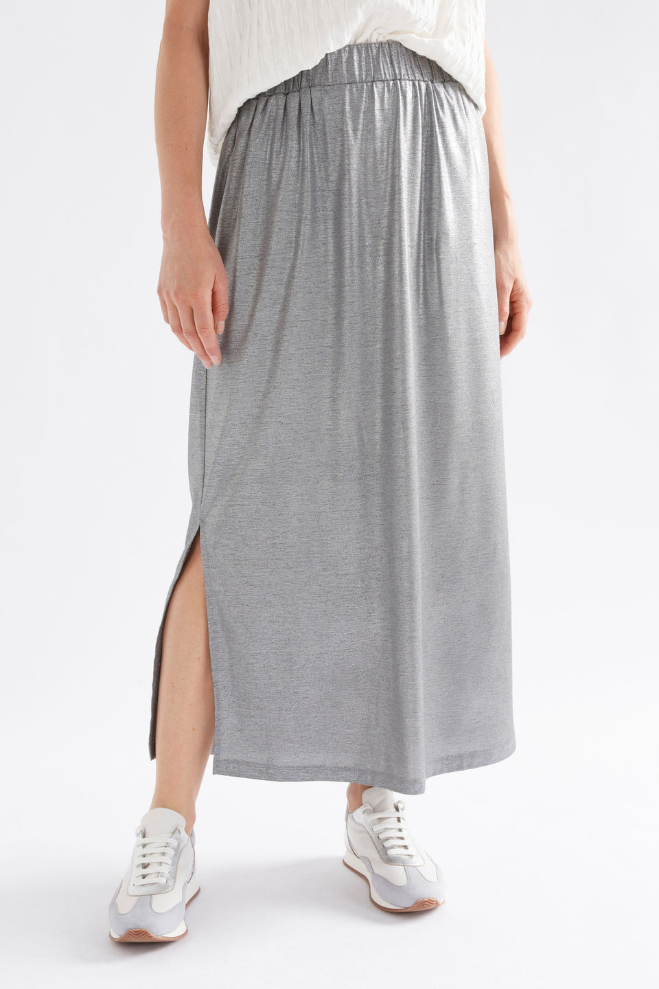 Maail Elastic Waist Metallic Silver Jersey Midi Skirt Model Front cropped | SILVER