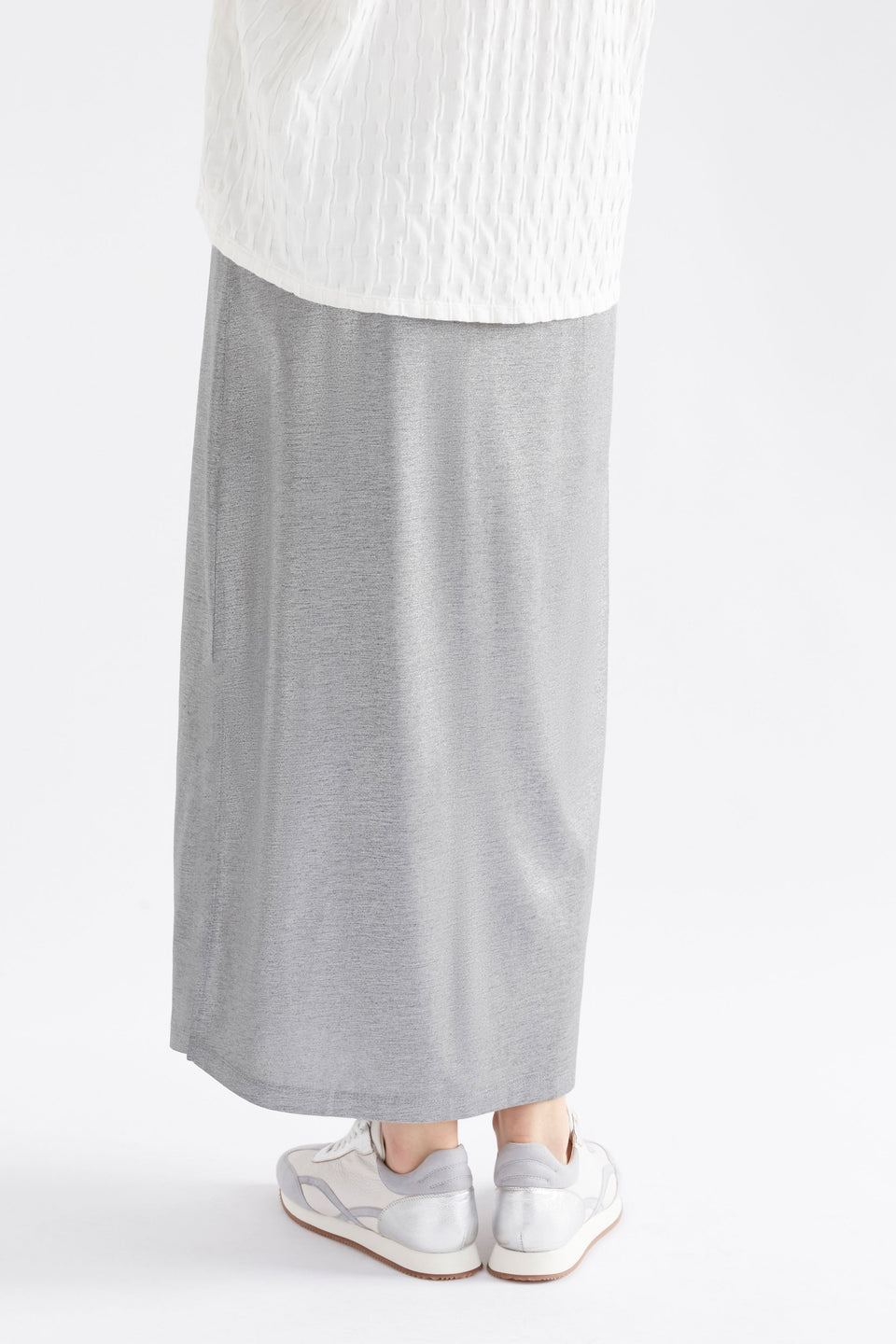 Maail Elastic Waist Metallic Silver Jersey Midi Skirt Model Back | SILVER