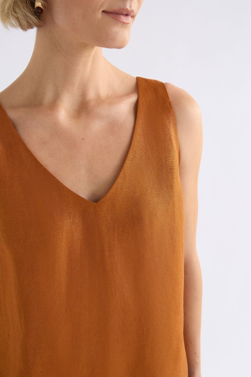 Jopa Copper Metallic Swing Sleeveless Linen Vest Tank Model front detail | COPPER