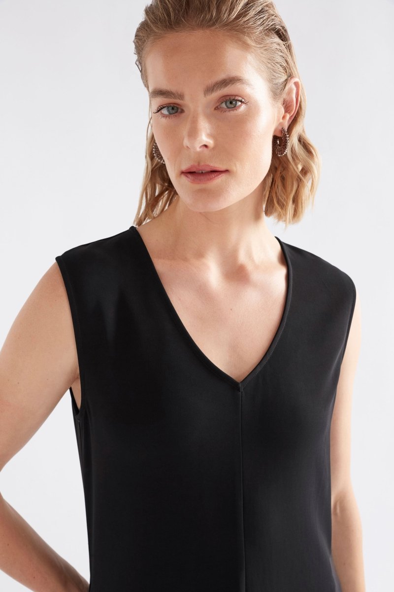 Miki Sleeveless V-neck A-line Long Midi Event Dress Detail Model Front | BLACK