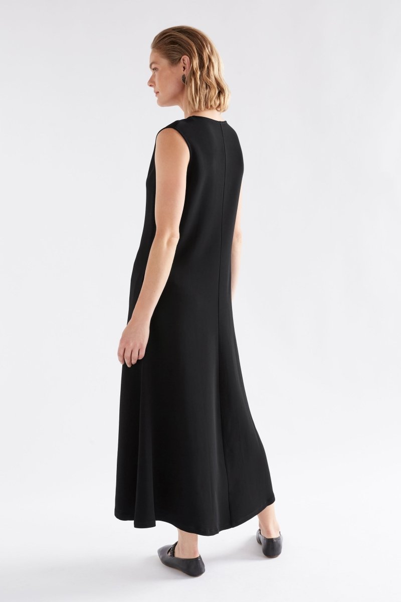 Miki Sleeveless V-neck A-line Long Midi Event Dress Model back | BLACK