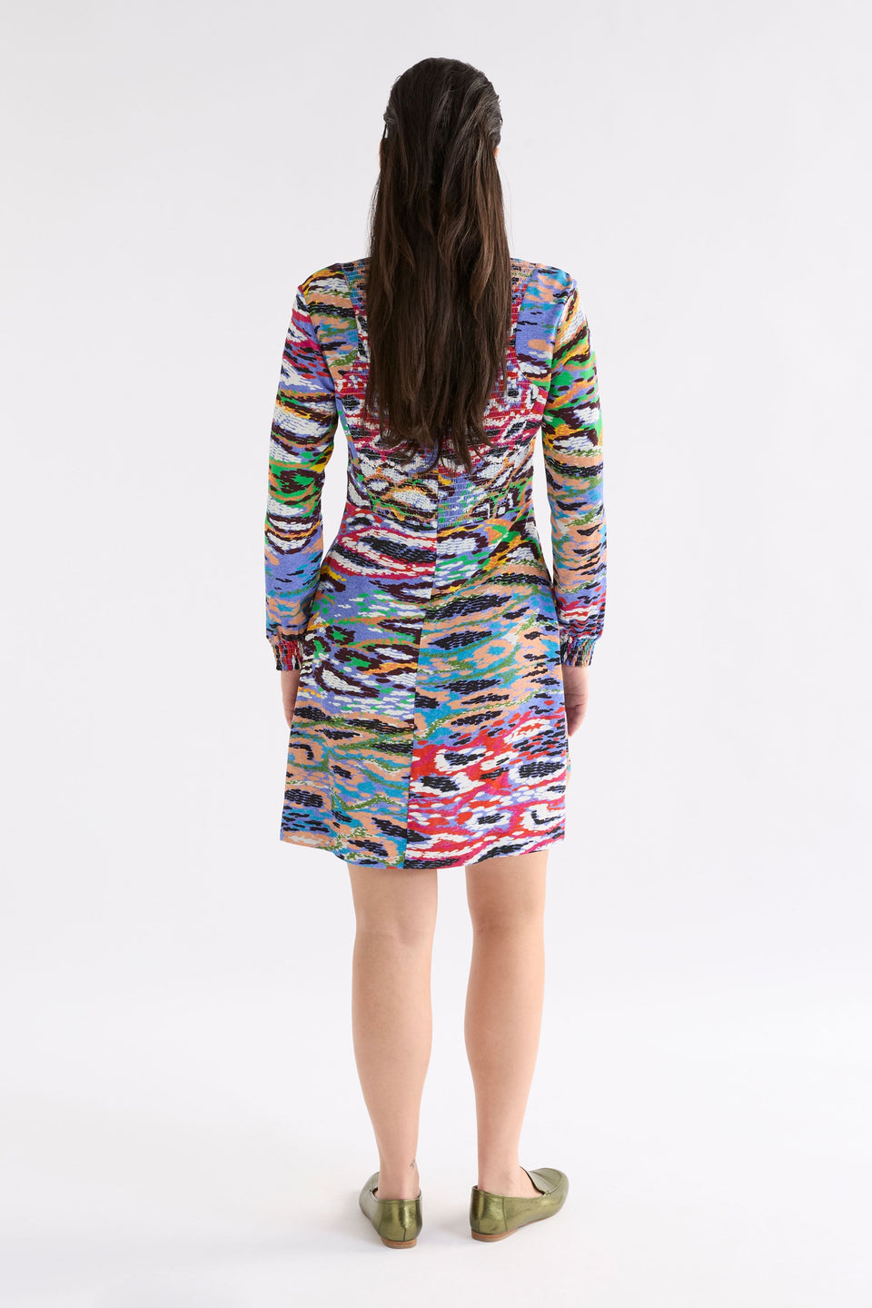 Solina Snake Print Long Sleeved Short Dress with Shirred Back Detail Model Back | SERP PRINT
