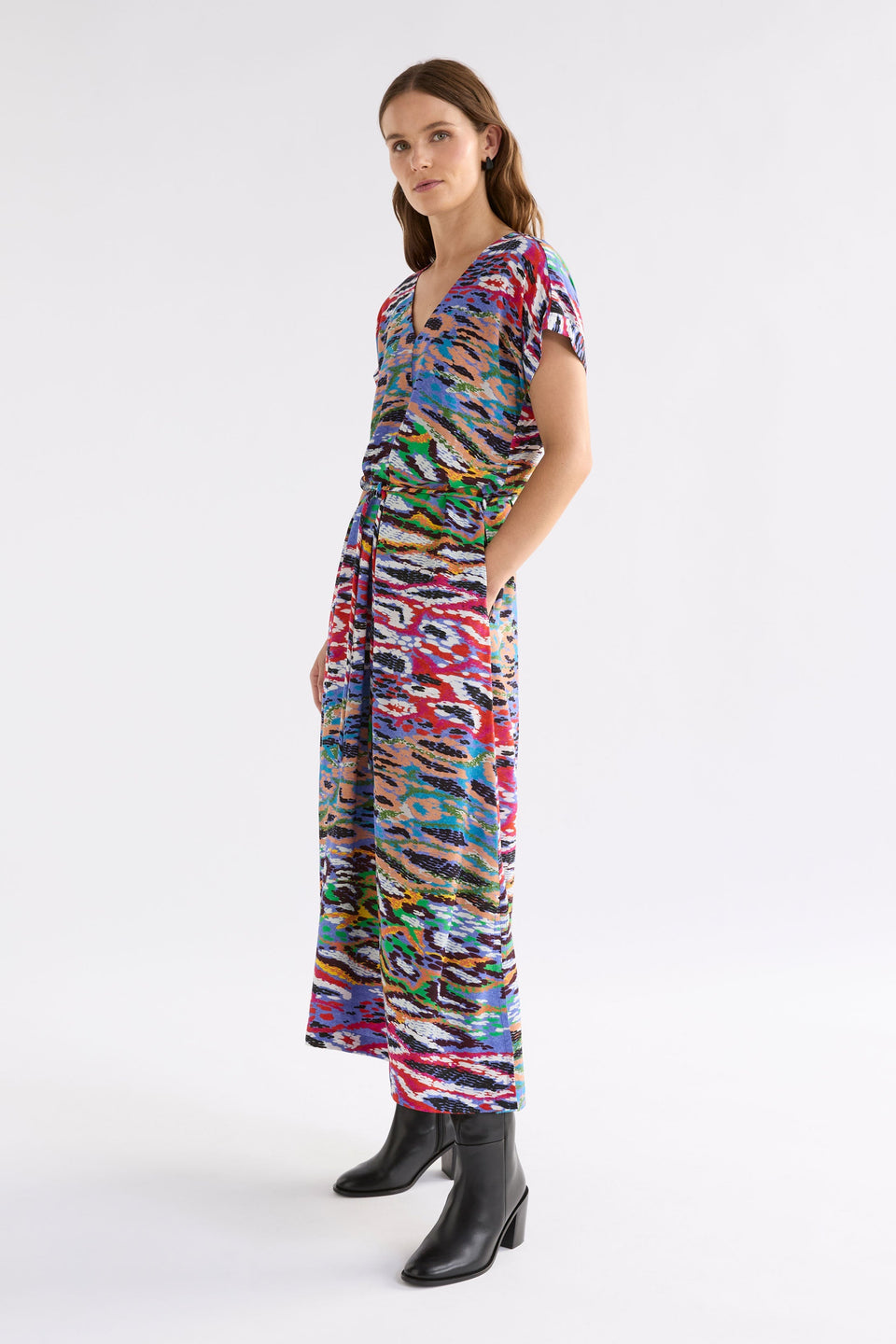Essen Colourful Snake Print V-Neck Short Sleeve Midi Dress Model Side | SERP PRINT