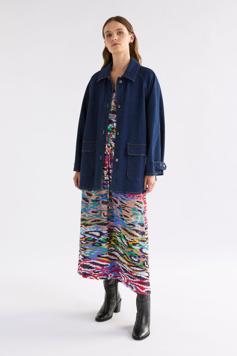 Essen Colourful Snake Print V-Neck Short Sleeve Midi Dress Model Front with Myes Jacket | SERP PRINT