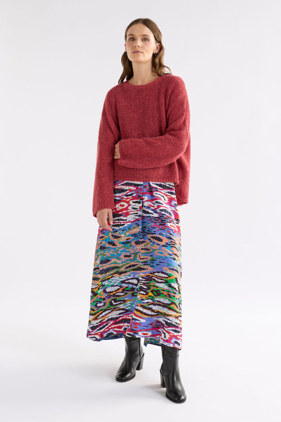 Essen Colourful Snake Print V-Neck Short Sleeve Midi Dress Model Front with Agna Sweater | SERP PRINT