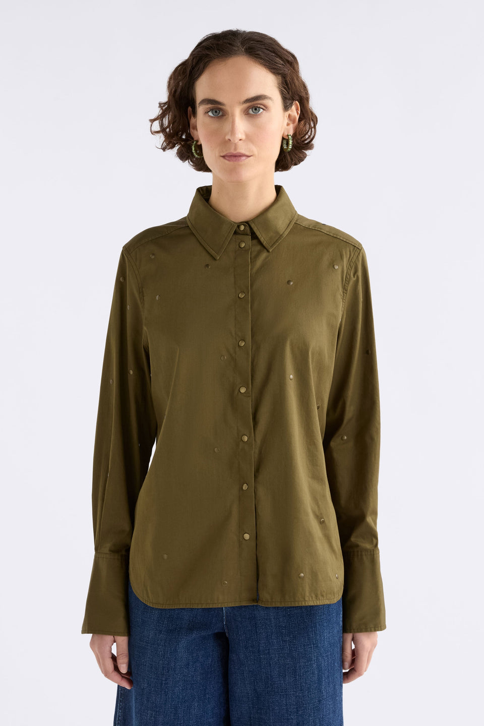 Stuud Organic Cotton Long Sleeve Shirt with all over stud detail Model Front | OLIVE