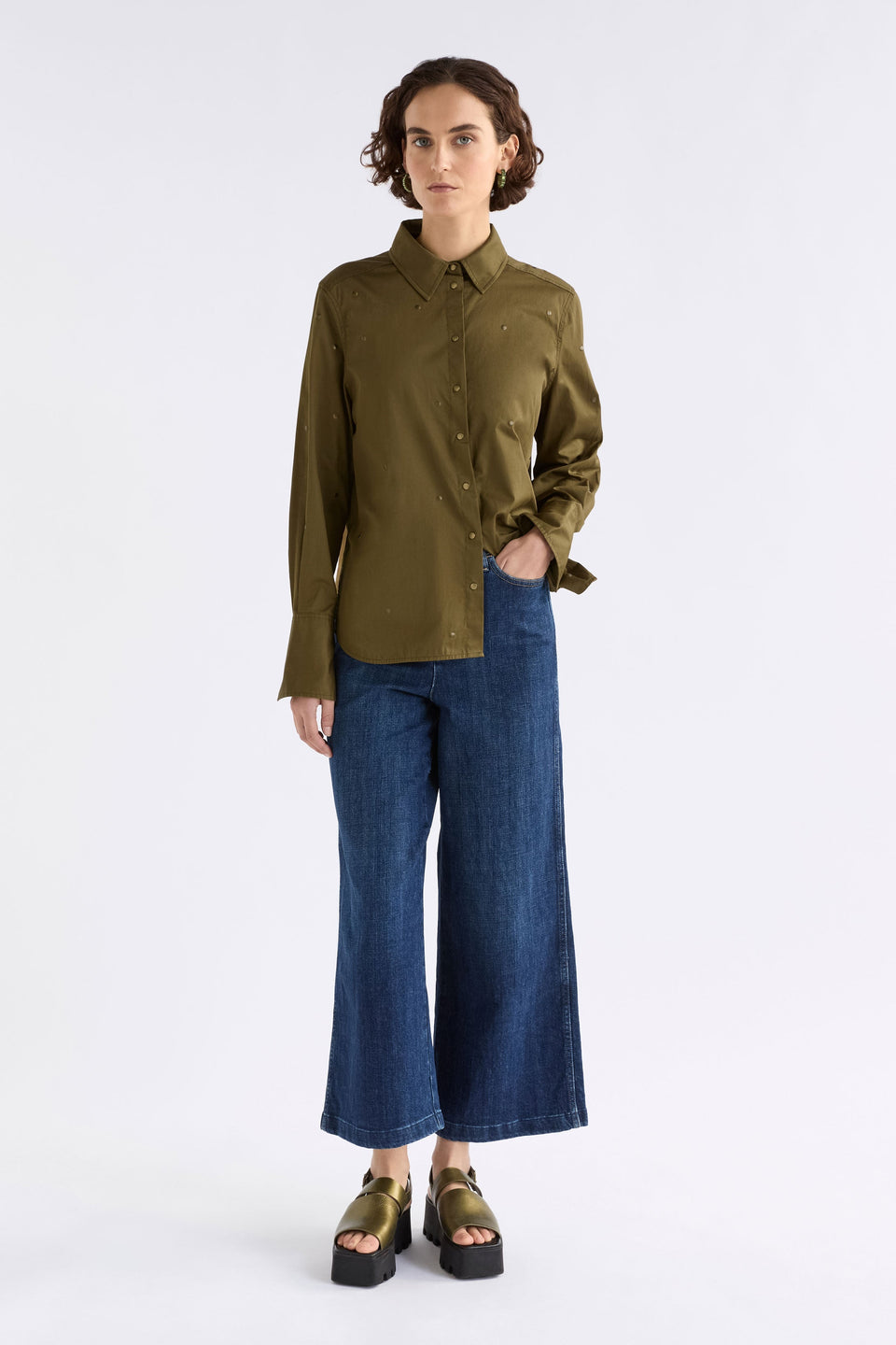 Stuud Organic Cotton Long Sleeve Shirt with all over stud detail Model Front Full Body | OLIVE