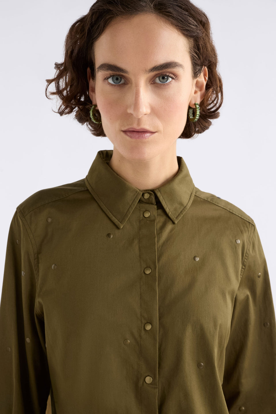 Stuud Organic Cotton Long Sleeve Shirt with all over stud detail Model Front detail | OLIVE