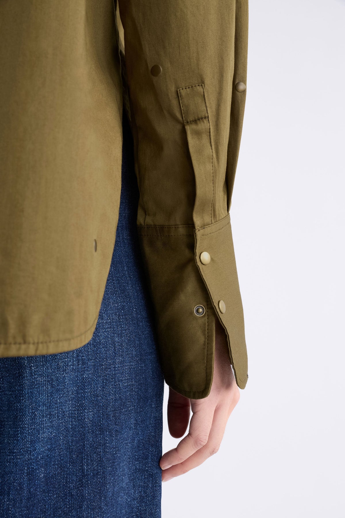 Stuud Organic Cotton Long Sleeve Shirt with all over stud detail Model Cuff detail | OLIVE