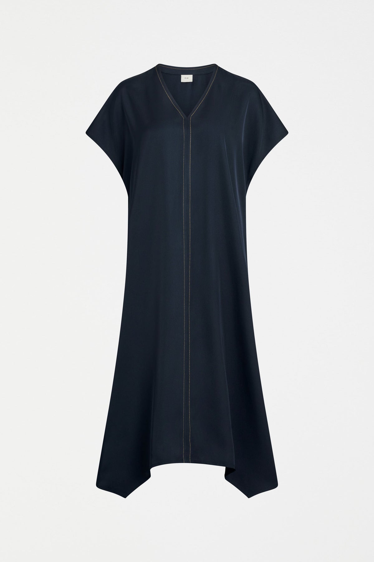 Hullu Short Sleeve V-neck Relaxed Handkerchief Hem Top Stitch Dress Front | NAVY