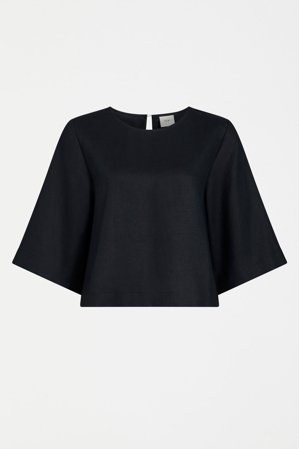 Llinen Boxy Elbow Length Sleeve Round Neck Linen Cropped Top Front | BLACK
