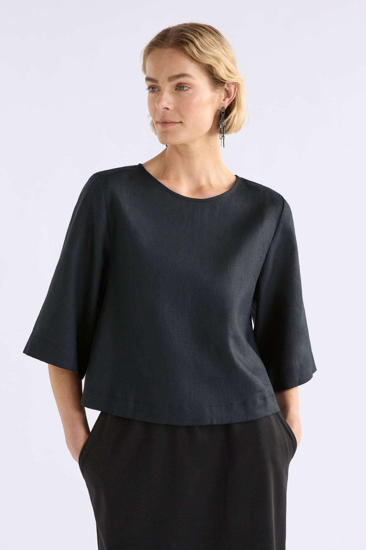 Llinen Boxy Elbow Length Sleeve Round Neck Linen Cropped Top Model Front | BLACK