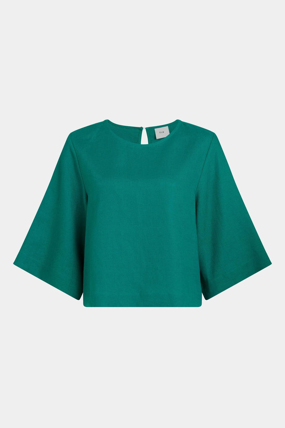 Llinen Boxy Elbow Length Sleeve Round Neck Linen Cropped Top Front | BRIGHT TEAL