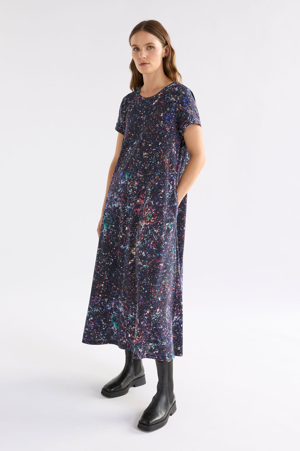 Haki Long Organic Cotton Jersey Print Tshirt Dress Model Front | TOLA PRINT