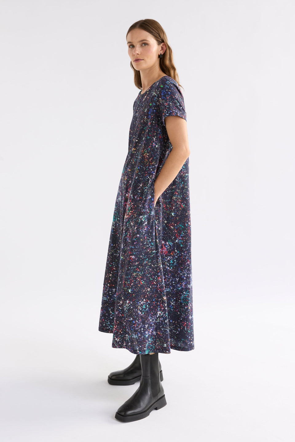 Haki Long Organic Cotton Jersey Print Tshirt Dress Model Side | TOLA PRINT