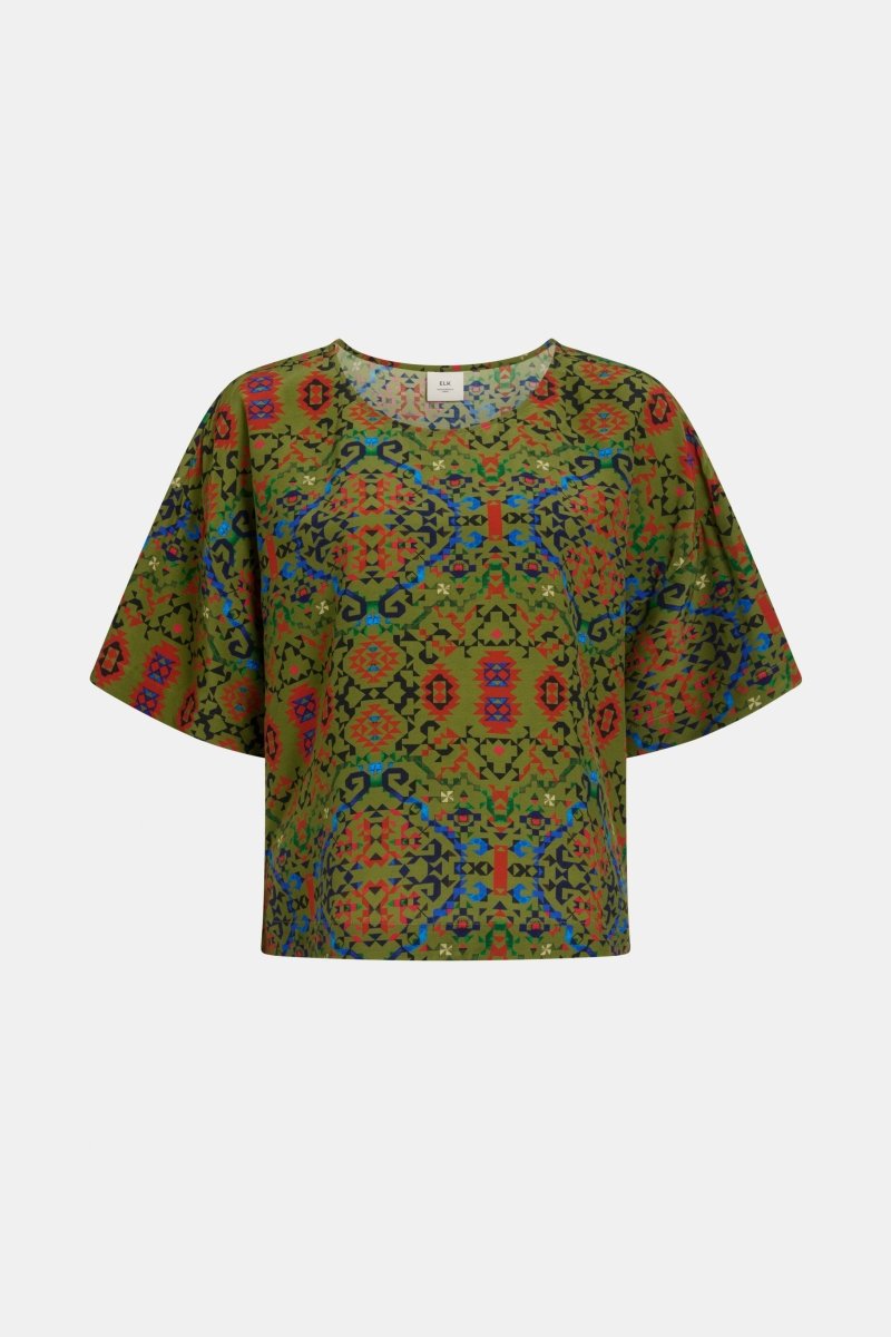 Dela Geometric Round Neck Tee Top Olive Print front | RENDA PRINT