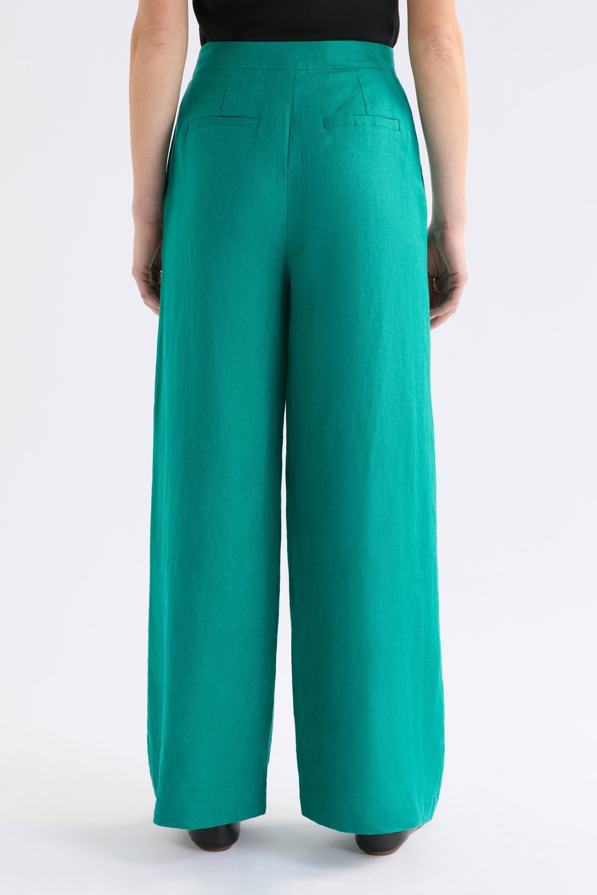 Anneli French Linen Wide Leg High Waisted Long Pant Model back | TEAL