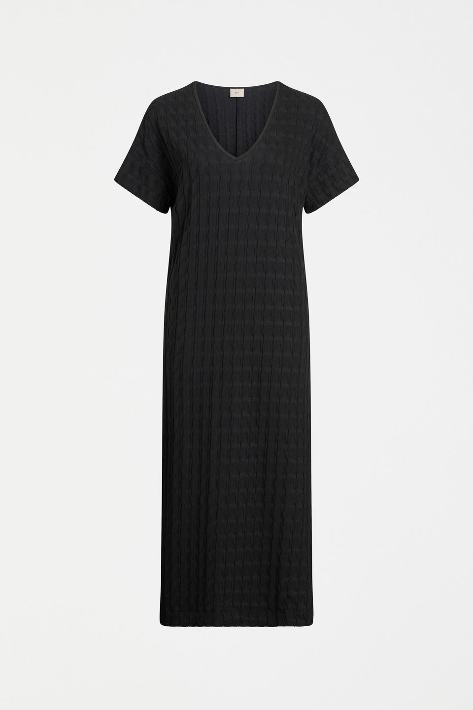 Orta Boxy Textured bubble Jersey Organic Cotton V-neck Long T-shirt Dress front | BLACK
