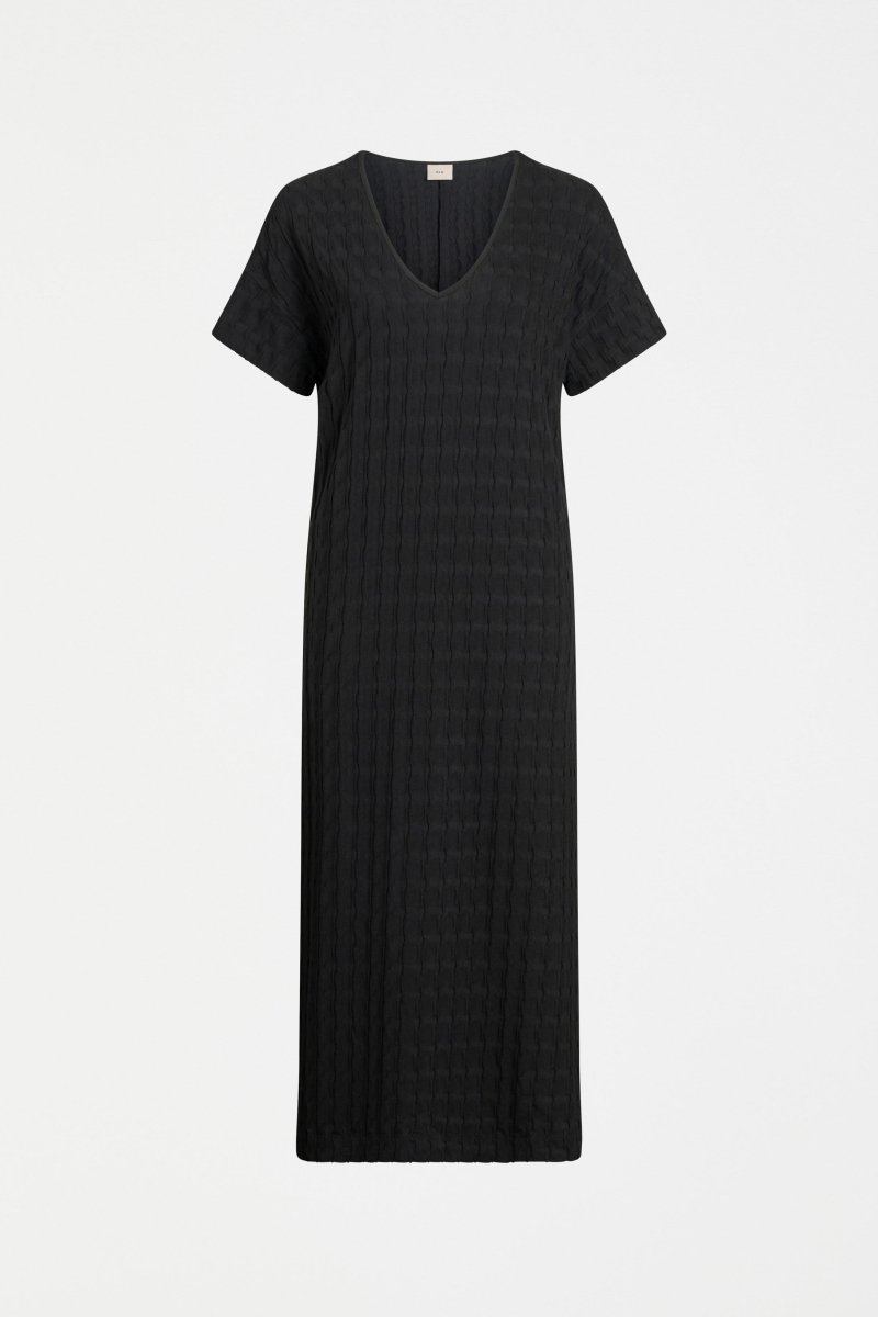 Orta Boxy Textured bubble Jersey Organic Cotton V-neck Long T-shirt Dress front | BLACK