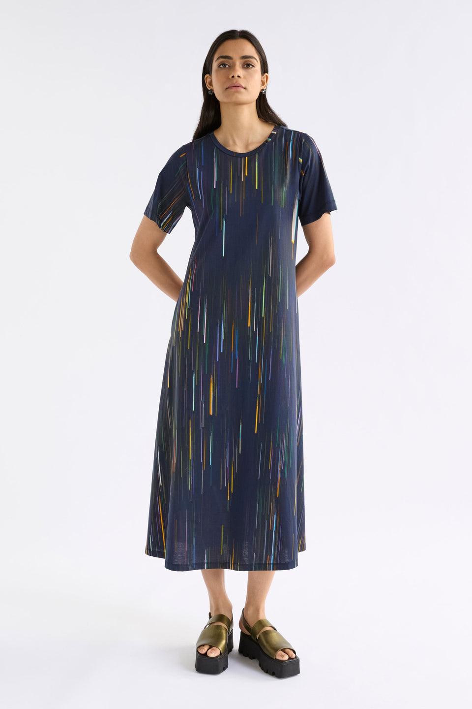 Mekko Short Sleeve Midi Navy Print T-Shirt Dress Model Front | ALINEA PRINT