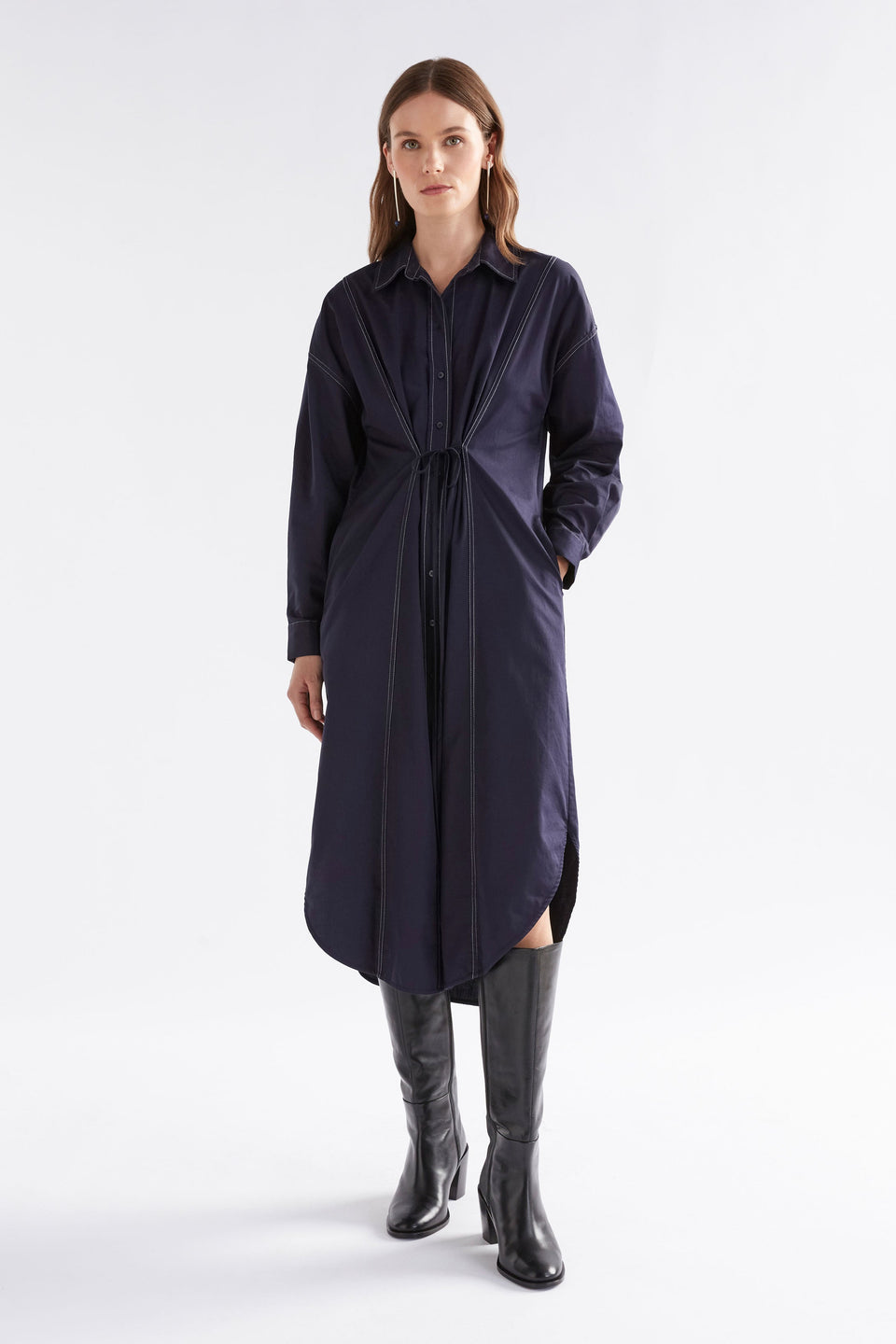 Rodan Organic Cotton Contrast Stitch Long Sleeve Shirt Dress Model Back | NEW NAVY