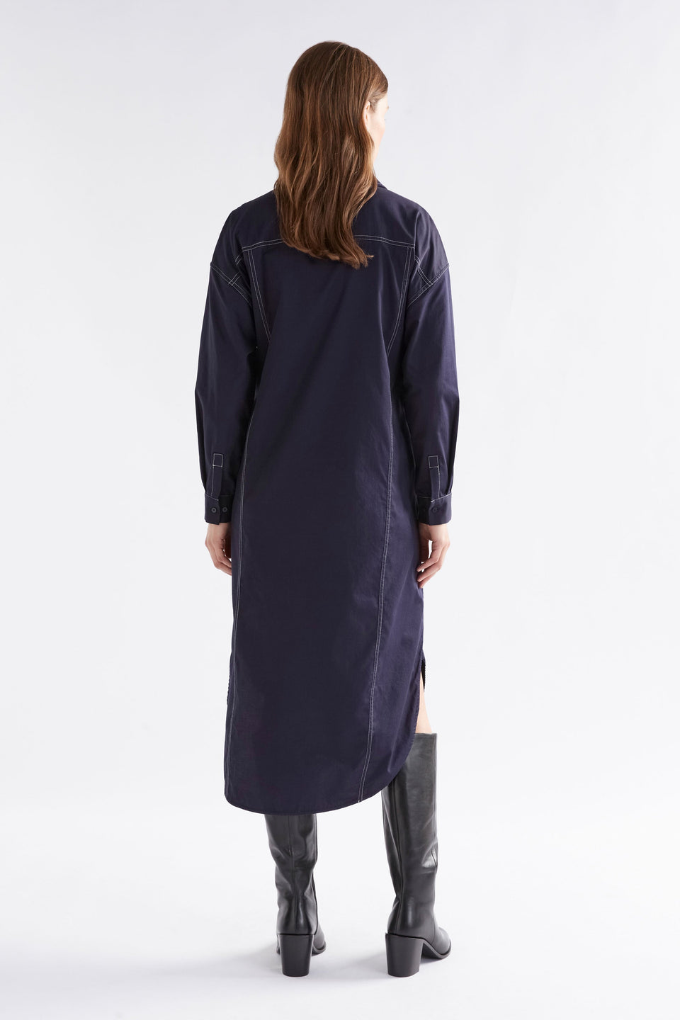 Rodan Organic Cotton Contrast Stitch Long Sleeve Shirt Dress Model Back | NEW NAVY