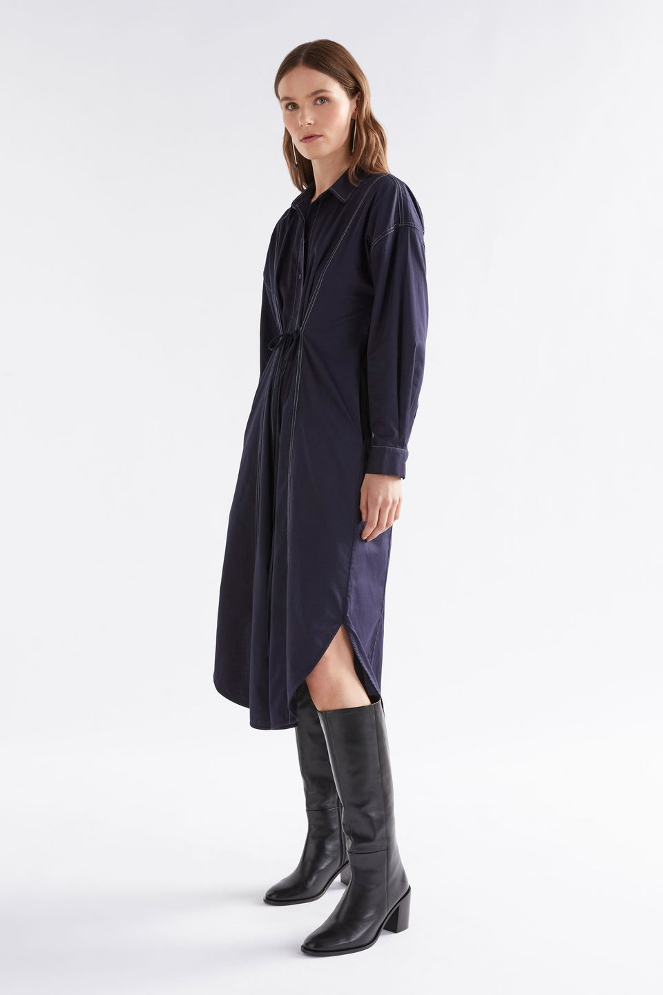 Rodan Organic Cotton Contrast Stitch Long Sleeve Shirt Dress Model Side | NEW NAVY