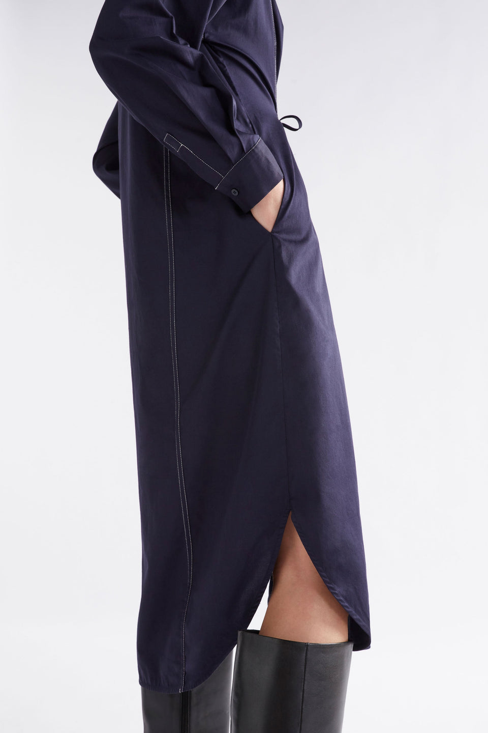 Rodan Organic Cotton Contrast Stitch Long Sleeve Shirt Dress Model Side Detail | NEW NAVY