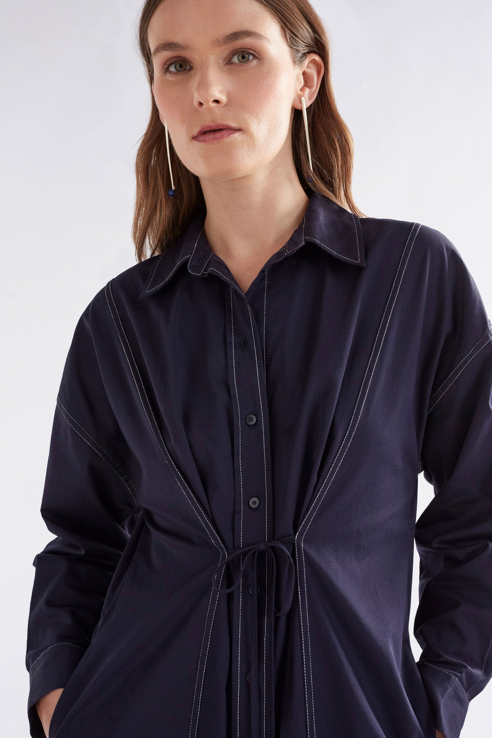 Rodan Organic Cotton Contrast Stitch Long Sleeve Shirt Dress Model Front Detail | NEW NAVY